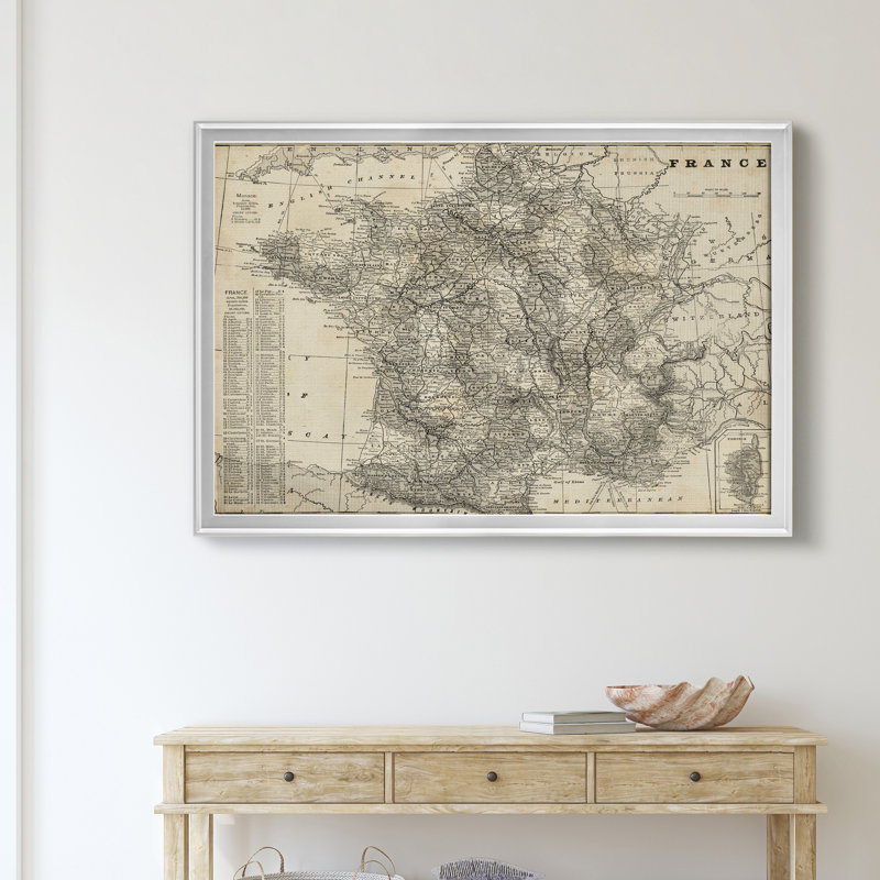 Carte de France antique-impression d’art graphique sur toile encadrée, H 18,5 po x l 24,5 po x P 1,5 po, Encadrement argenté