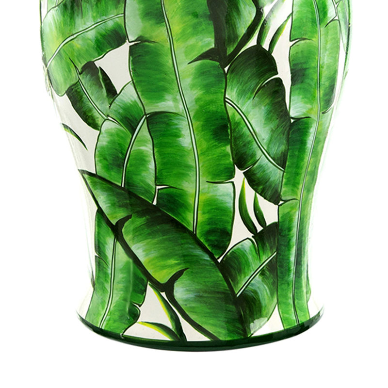 Pot Jesu Temple avec couvercle, accent de feuilles de palmier blanc et vert, porcelaine de 18 pouces