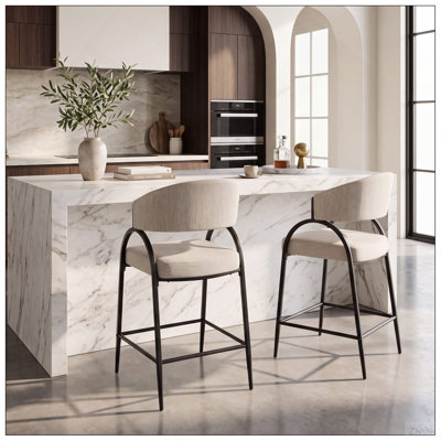 25'' Seat Height Modern Fabric Bar Stools with Back, Black Metal Frame, Comfortable Counter Stools for Kitchen Island/Dining Room, Set of 2 (Beige)