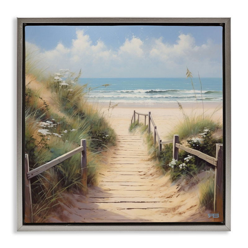 Chemin de sable à la plage, Cadre flottant gris lustré, H 18 po x l 18 po