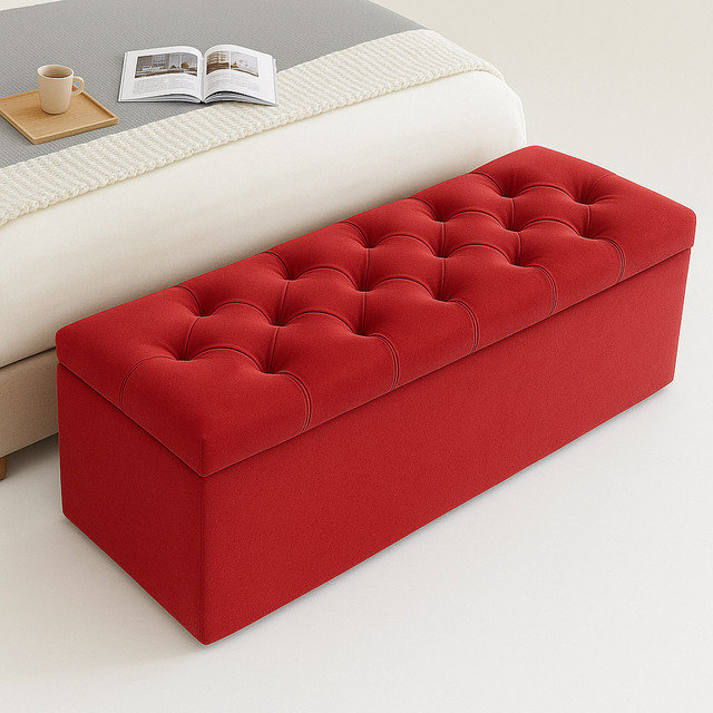 Divan Chesterfield Wide Velvet Rectangle Solid Color Standard Ottoman Box with Storage, 40cm H x 90cm W x 40cm D, Red