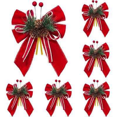 Boucles de Noël en velours de Noël avec de véritables pommes de pin - Boucles de Noël rouges pour décorations d'arbre de 6,7 po