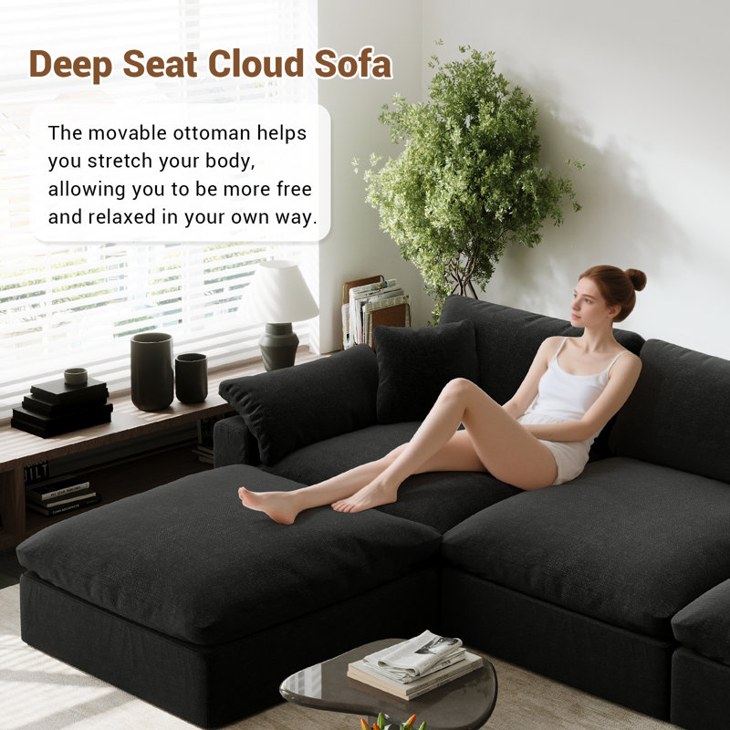 Amika 5 - Piece Upholstered Sectional, Cloud Couch Modular Sectional Sofa for Living Room and Bedroom, Black Linen Blend