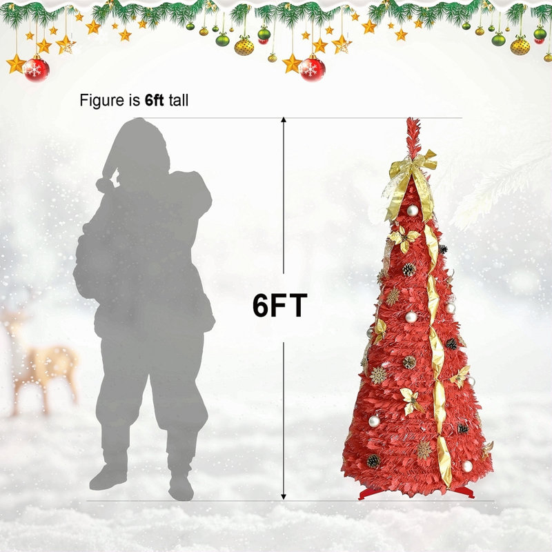 Arbre de Noël 6 pi avec 150 lumières DEL blanc chaud, ornements inclus - 4 rubans, arc, fleurs, flocons de neige, pommes de pin et boules - Assemblage facile et décoration de Noël peu encombrante
