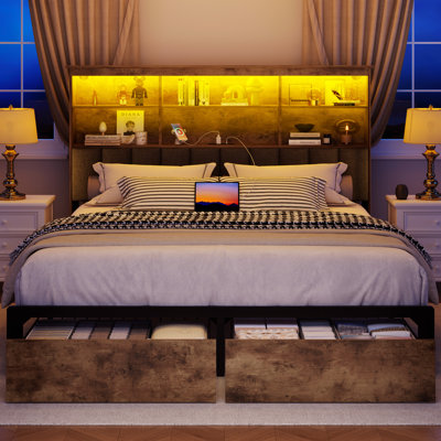 Queen Bed Frame with High Storage Bookcase Headboard, 2 Drawers & Charging Station, No Box Spring Needed, Rustic Brown