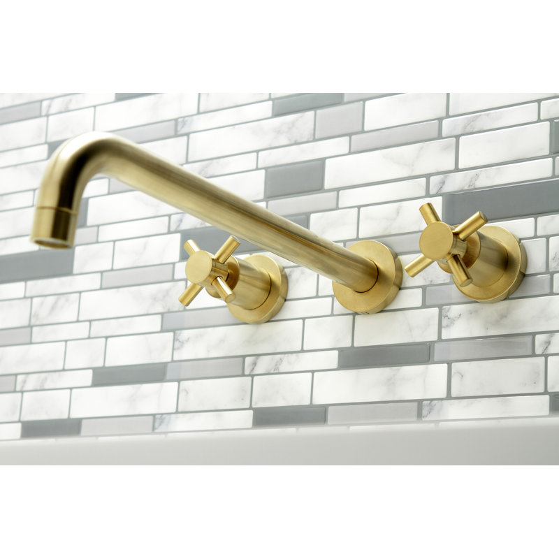 Kingston Brass Concord Two-Handle 3-Hole Wall Mount Roman Tub Faucet, Brushed Brass, Cross Handle