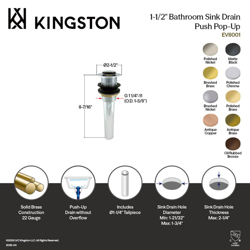 Kingston Brass Trimscape Brass Push Pop-Up Bathroom Sink Drain without Overflow, 22 Gauge, Antique Copper