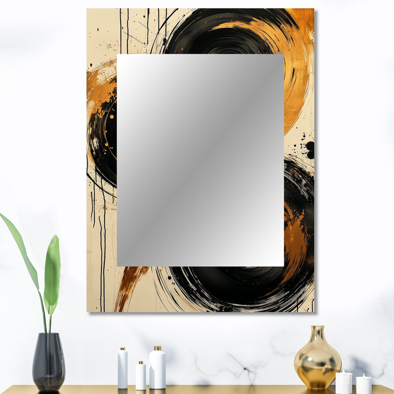 Black And Gold The Art Of Circle Chaos I - Abstract Shapes Wall Mirror, Modern Decorative Mirror, Printed Metal Art