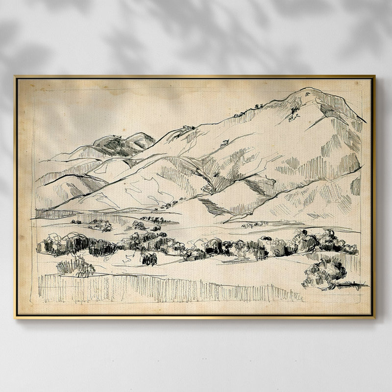 Croquis de montagne I, Pas de tapis, Toile avec cadre doré, H 25 po x l 37 po x P 2 po