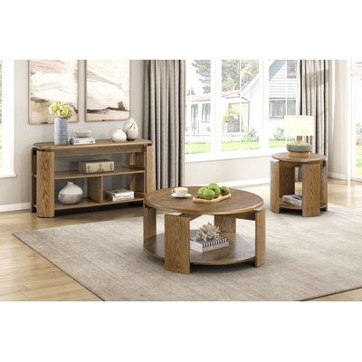Brown Finish Sofa Table With Storage Open Shelves Living Room Furniture 2Pc Console Table