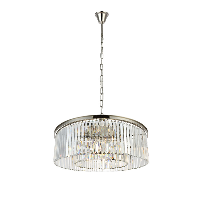 Lustre cylindrique unique à 10 lumières Yazmin, Cristal (transparent), Nickel poli