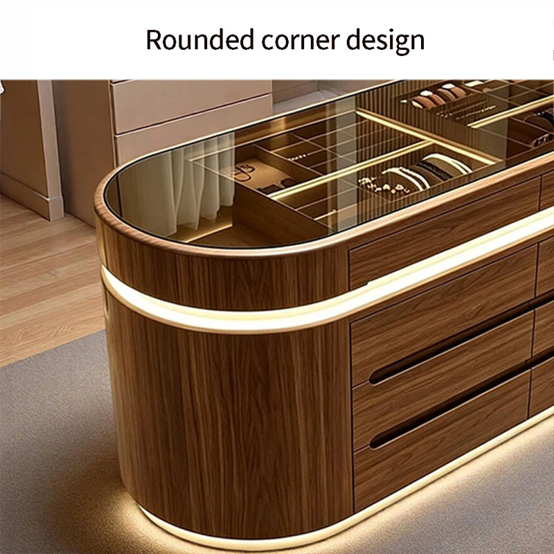 Comptoir de vente au détail de luxe avec plateau en verre trempé, éclairage DEL et tiroirs de rangement, Walnut