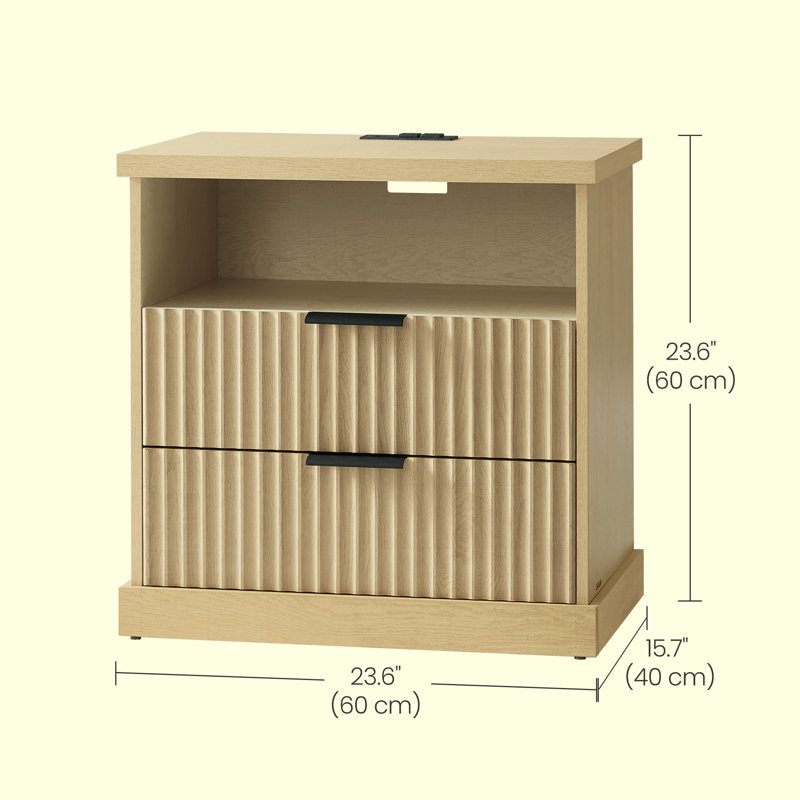 Table de chevet avec station de charge 23,6 po Maxe, table de chevet avec 2 tiroirs, tablette ouverte, transitionnel, Beige
