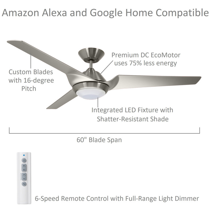 Eswer 60'' Ceiling Fan with LED Lights, Brushed Steel
