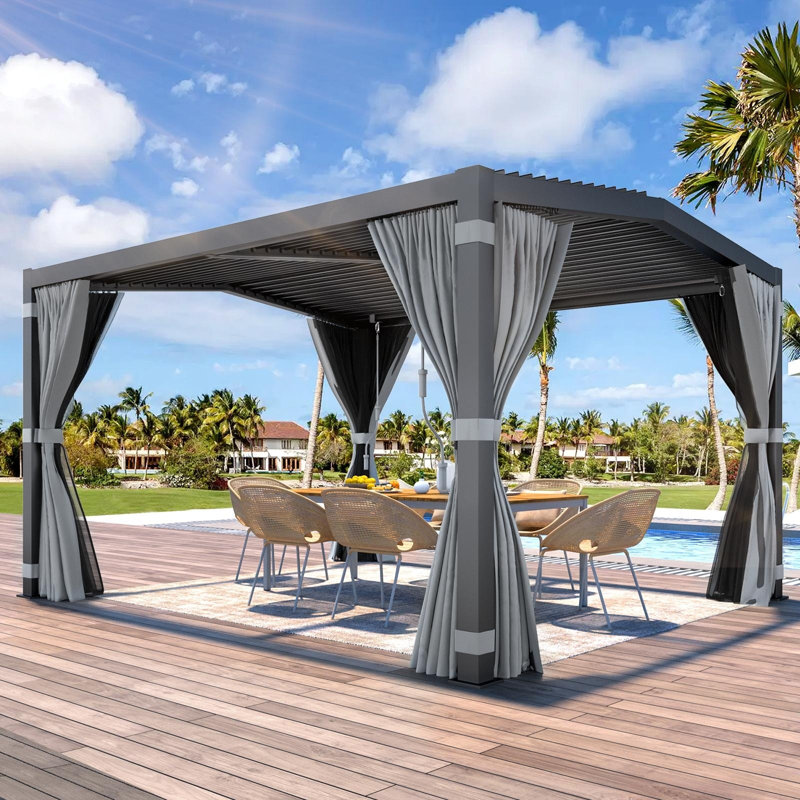 13 ft. W x 11 ft. D Aluminum Pergola – Yellow Finish, Louvered Roof with Built-in Drainage, Removable Curtains & Mosquito Netting