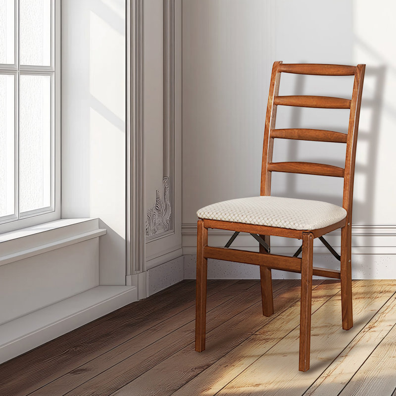 Cherry Wood Ladderback Folding Chair with Upholstered Seat