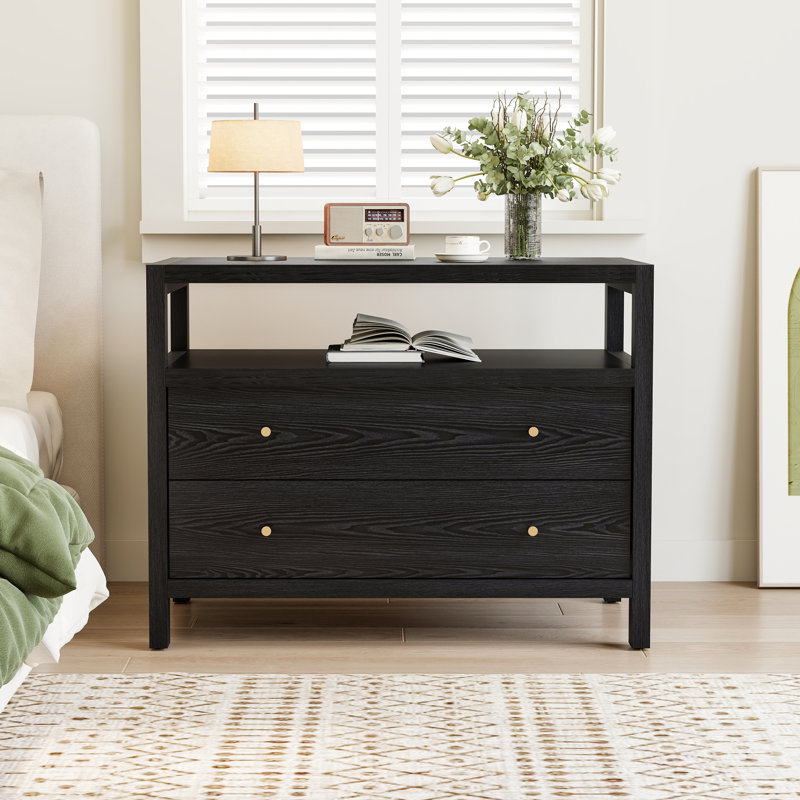 Table de chevet noire à 2 tiroirs avec rangement ouvert, 81,5 cm de largeur, Noir