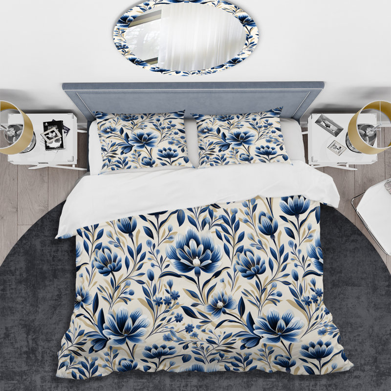 Ensemble de housse de couette damassé bleue et blanche I, Housse de couette pour très grand lit et 2 très