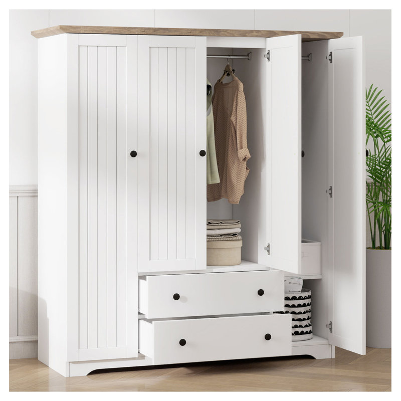 Armoire penderie 4 portes avec 2 tiroirs, blanc, White