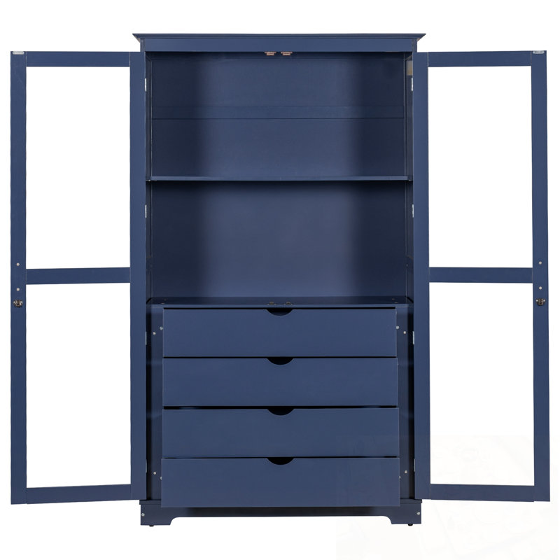 Garde-manger avec portes en verre et 4 tiroirs intégrés, Bleu