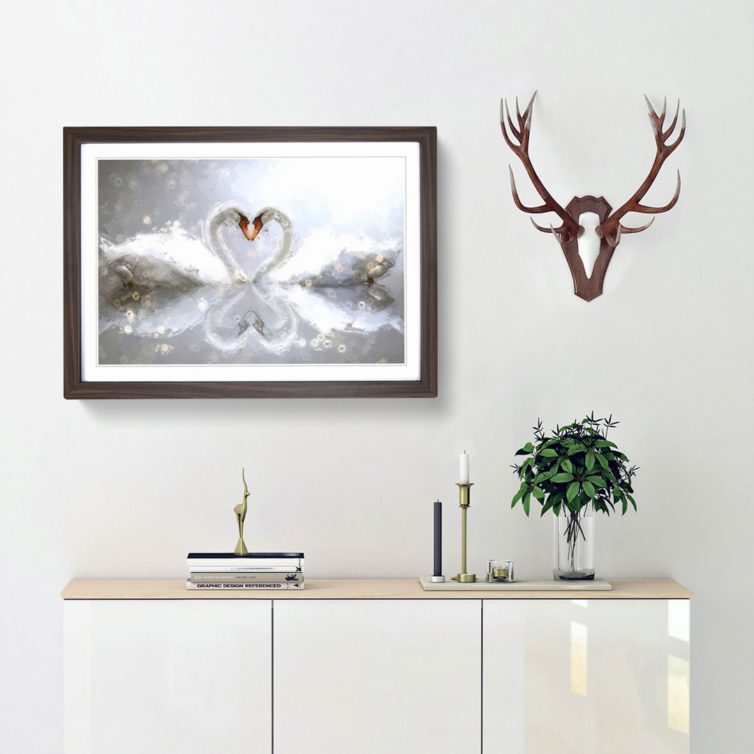 Swans Forming a Love Heart in Abstract - Framed Print