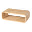 Table basse rectangulaire minimaliste en bois naturel clair aux lignes courbes, avec rangement ouvert à 2 niveaux, profil bas, idéale pour un salon moderne.