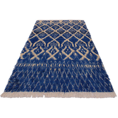 Tapis géométrique bleu en laine noué à la main 4 pi 1 po x 6 pi 1 po Winne