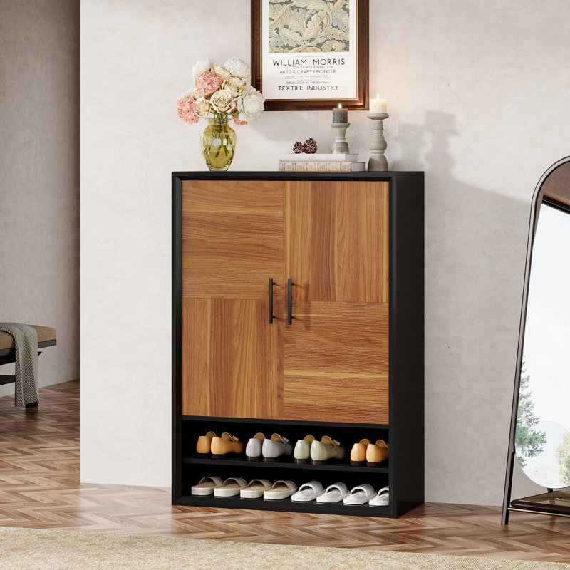 7-Shelf Rustic Tall Shoe Cabinet with Doors & Open Storage