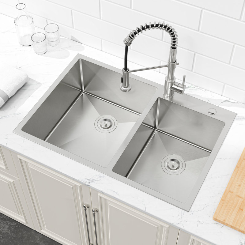 Évier moderne en acier inoxydable 33 po x 19 po - Double cuve, sur-comptoir, surélevé avec finition brillante durable