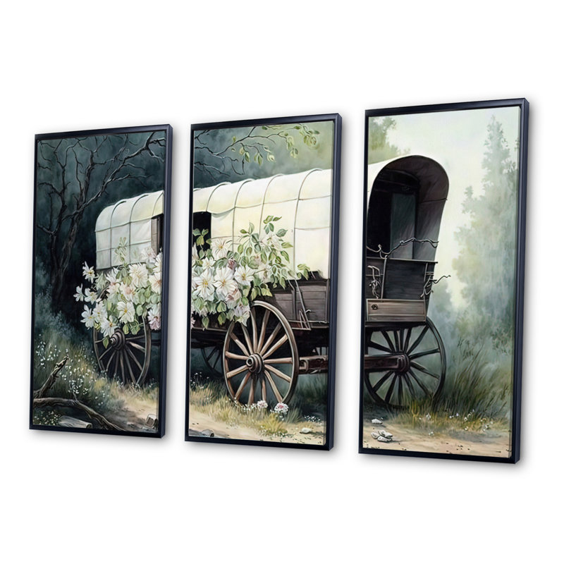 «Flower Old Cottage Caravan I», ensemble d'art mural sur toile, Cadre noir, H 32 po x l 48 po x P 1 po
