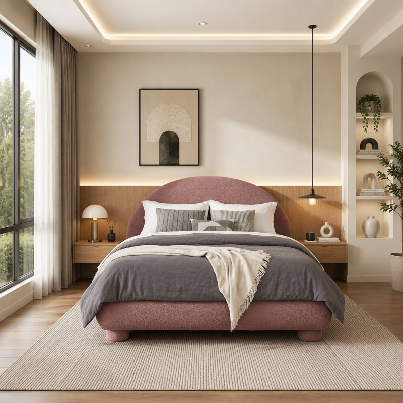 Lit plateforme en tissu bouclé Boucle, Grand lit, Rouge brun-roux