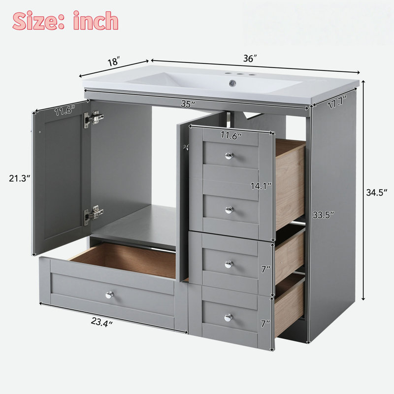 Free-standing Bathroom Vanity Cabinet With Ceramic Sink, 4 Drawers And Cabinet, Gray