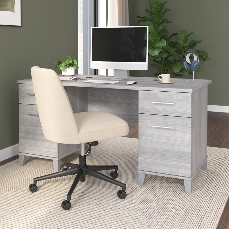 Kaionna 60” Office Desk with Drawers, Computer Office Desk with Storage, Modern Wood, Platinum Gray, Platinum Gray