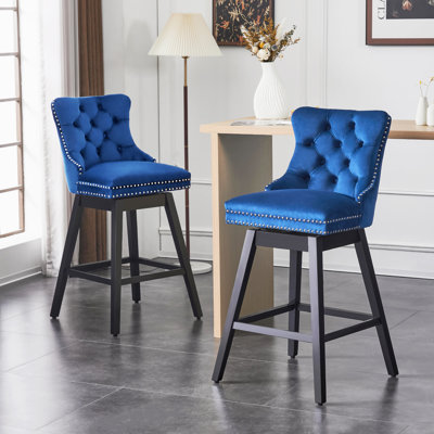 Velvet Upholstered 360° Swivel Counter Height Bar Stool with Back, Nailhead Trim and Sturdy Solid Wood Legs, Comfortable Chair for Kitchen, Dining, Restaurant