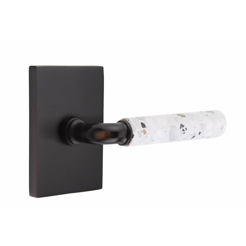 Select Round Privacy (Bed & Bath) Door Lever with Rectangle Rosette, Oil Rubbed Bronze/Light Terrazzo, Universal/Reversible