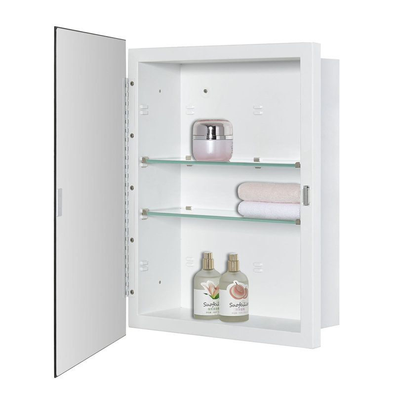Armoire à pharmacie de salle de bain avec porte en miroir à bord biseauté 14 X 18 pouces, encastrée ou en surface, avec tablettes en verre réglables