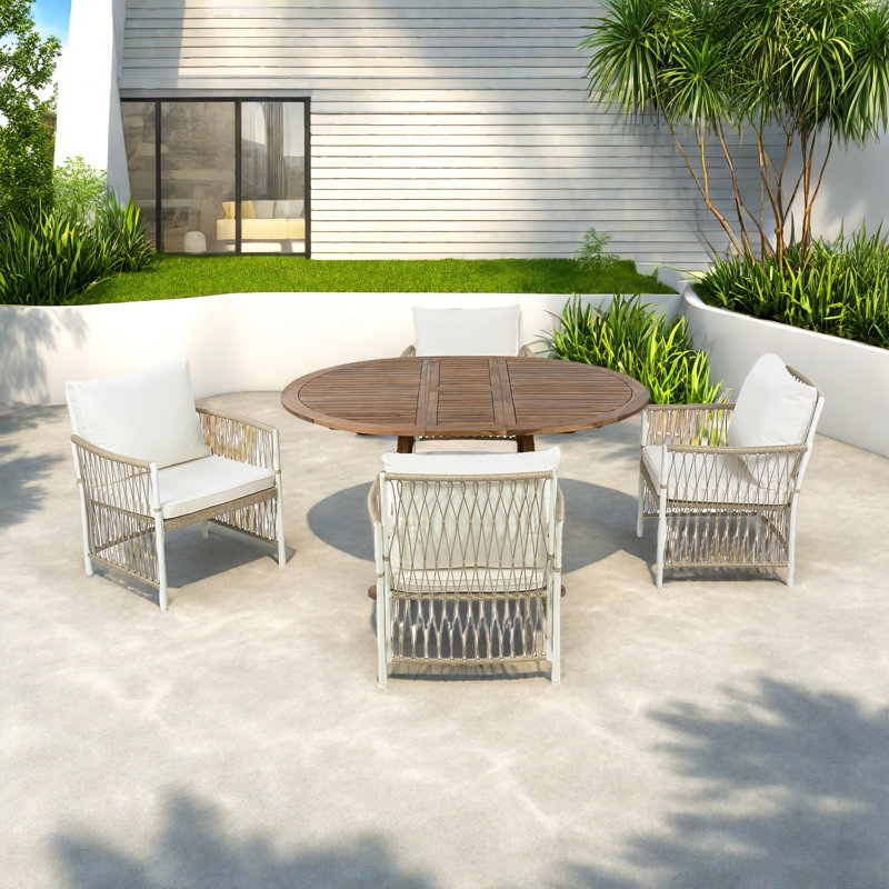5-piece Patio Dining Table Set Included 1 Extendable Coffee Table, 4 Rattan Arm Chairs With Cushions And Iron Frame