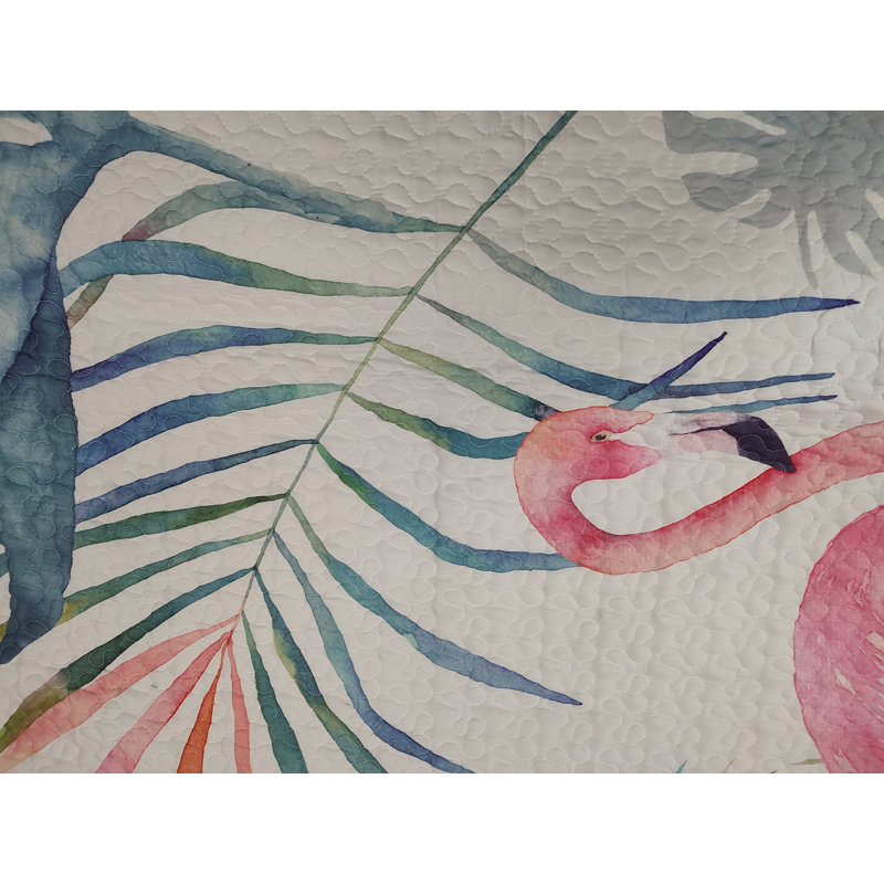 King Size Pink Flamingo and Aqua Palms Microfiber Quilt Set