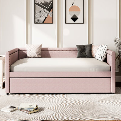 Lit de jour simple rose avec lit gigogne - Mobilier multifonctionnel pour chambre d'amis et bureau, garniture cloutée, aucun besoin de sommier tapissier d'étude multifonctionnel, structure, revêtement en lin