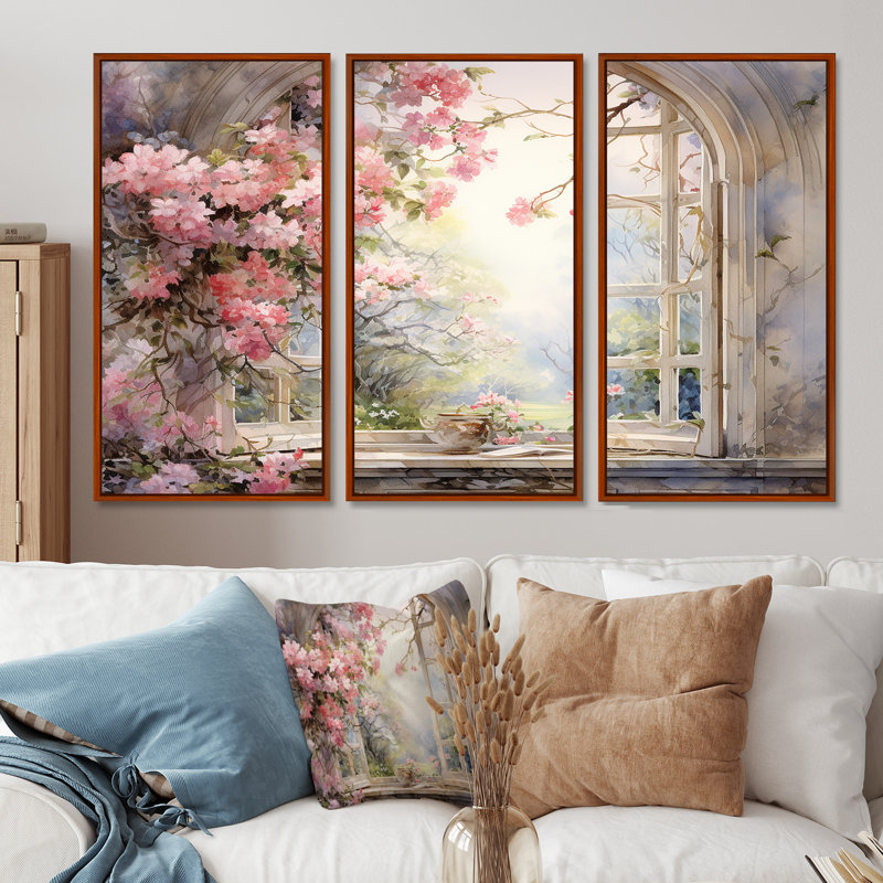 «Pink Blossoming Country Window Gaze I», art mural floral, Cadre flottant doré, H 40 po x l 60 po x P 1 po