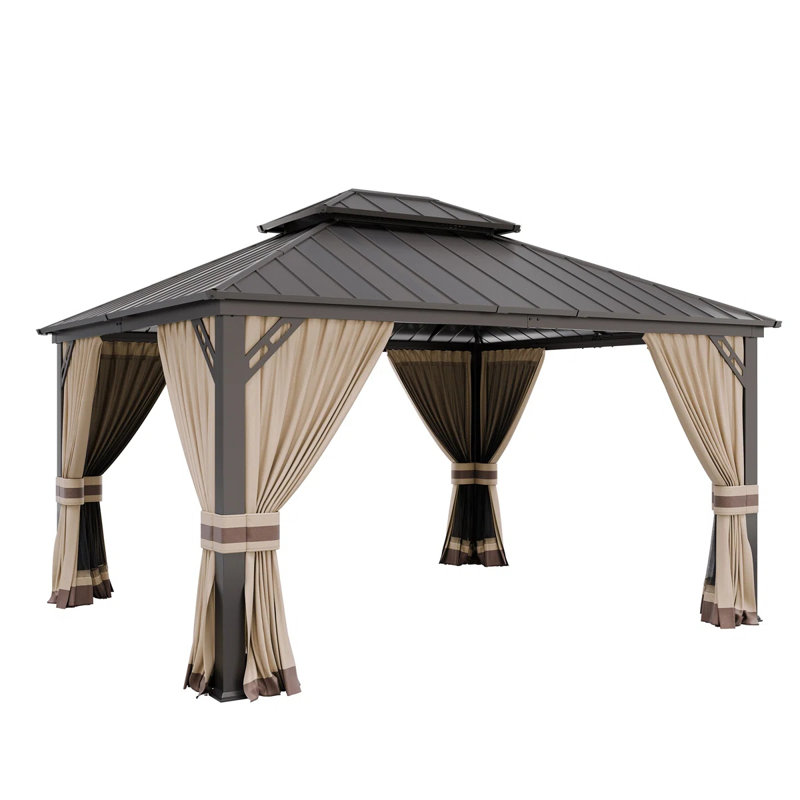 12' X 14' Outdoor Hardtop Gazebo With Galvanized Steel Roof, Tan Curtains And Mosquito Netting