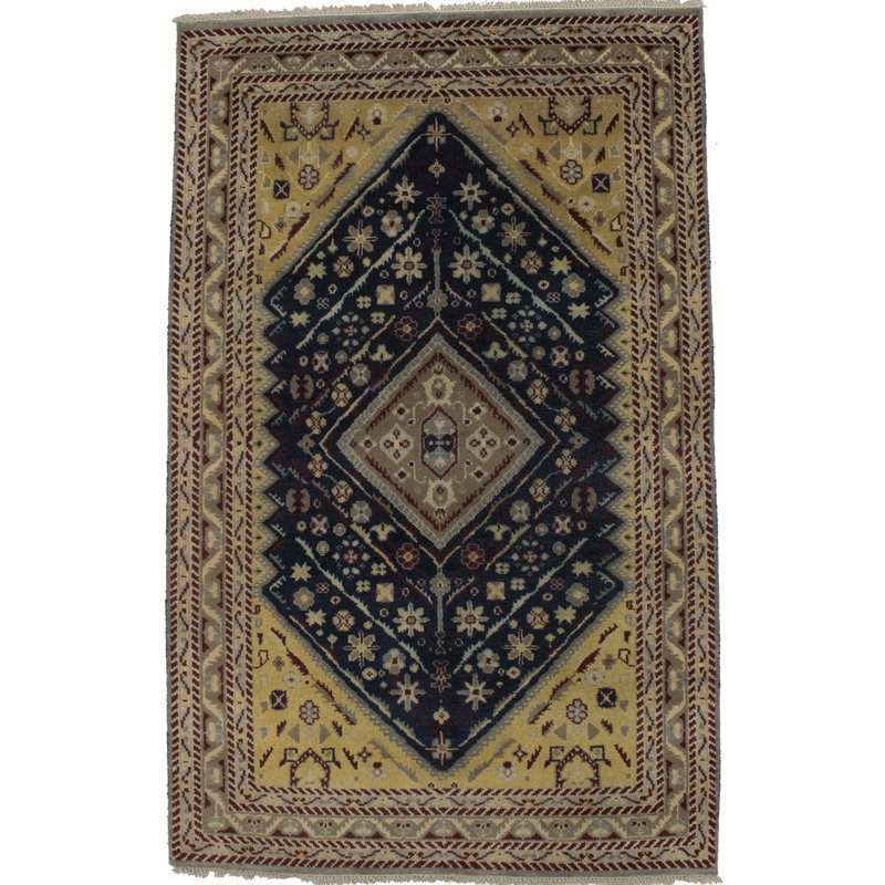 Tapis oriental oriental en laine noué à la main bleu indo-Gabbeh 5 x 8
