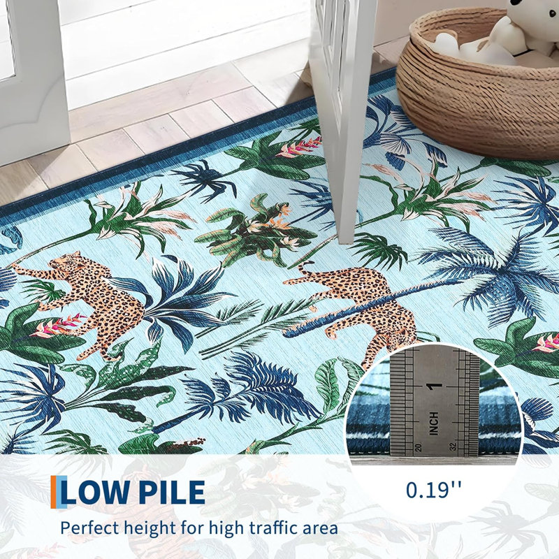 Washable Tiger Rug for Kitchen Non-Slip Non-Shedding Animal Floral Long Carpet, Low Pile Botanical Floor Covering, Foldable Black