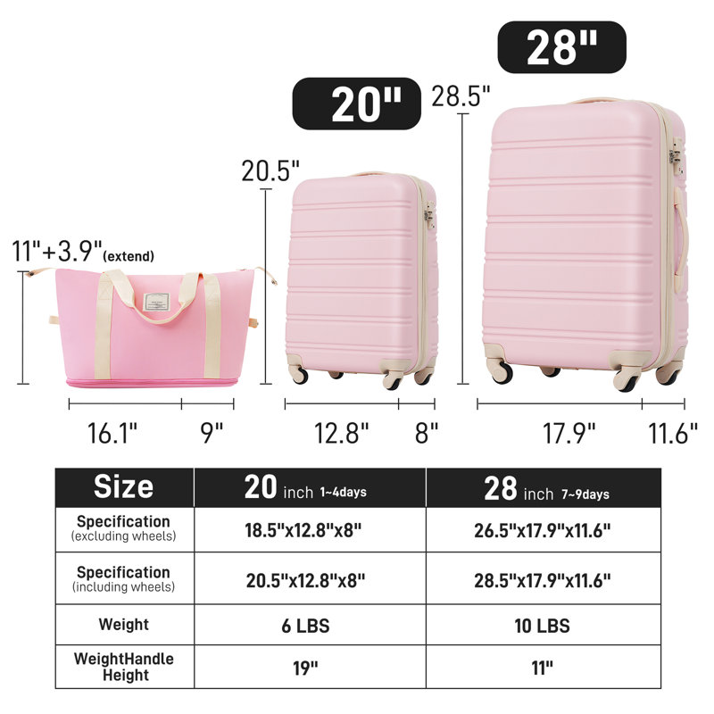 Valise Hardshell 2 pièces + valise à roulettes avec verrou TSA léger 20 po + 28 po, Light Pink