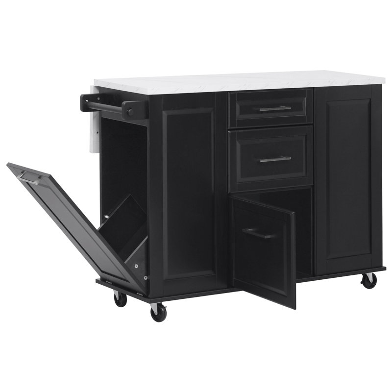 Îlot de cuisine de 50,7 po avec rangement, poubelle inclinable et organisateur de rangement escamotable, îlot de cuisine sur roulettes sur 5 roulettes avec abattant, 2 tiroirs, 1 porte