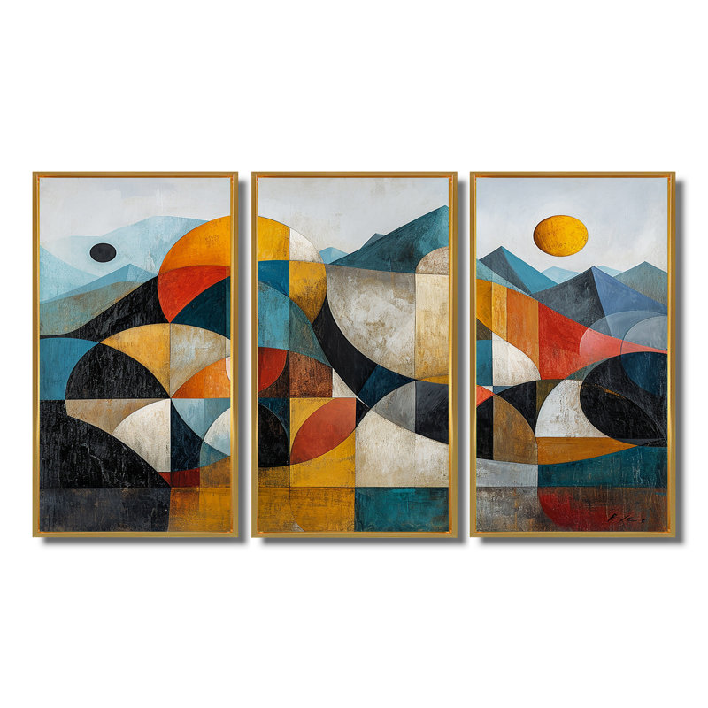 «Geometric Mountain Retro Colors», ensemble d'art mural paysage abstrait, Cadre flottant doré, H 32 po x l 48 po x P 1 po