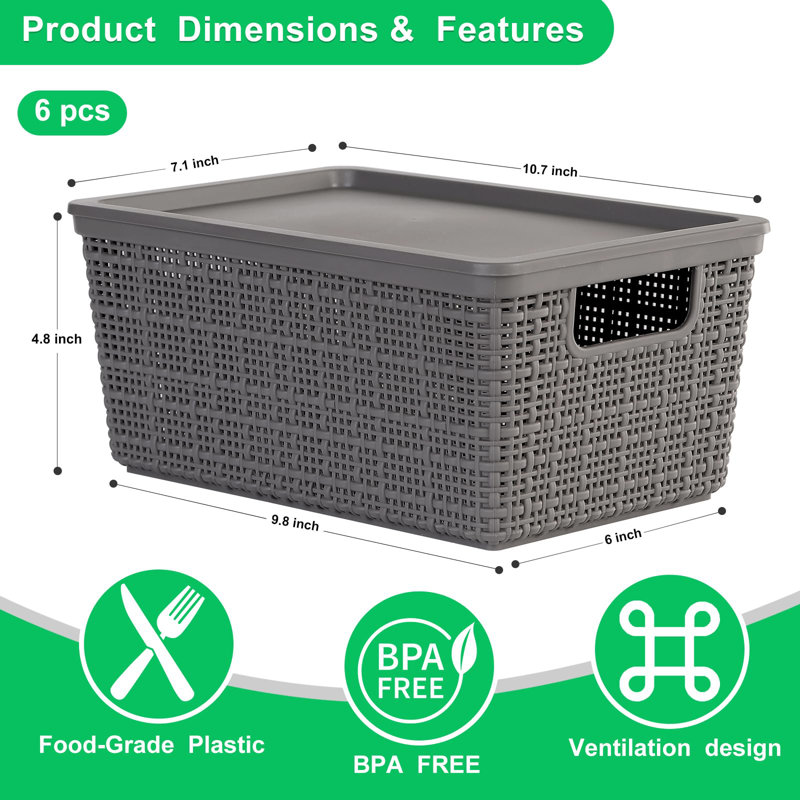 6 Pack Plastic Storage Baskets With Lids,Grey Breathable Stackable Storage Bins,Small Storage Containers,For Organizing Storage Baskets On Desktops,Closets,Playrooms,Classrooms,Offices