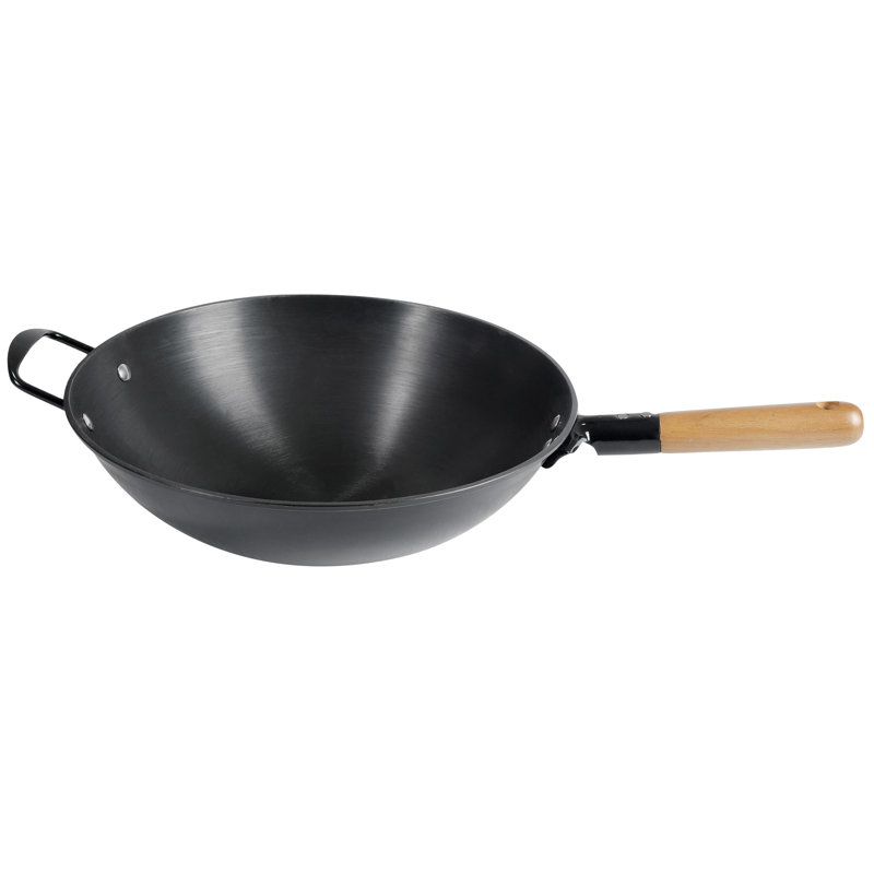Sur La Table 13.5 Inch Nonstick Cast Iron Wok in Black with Wooden Handle