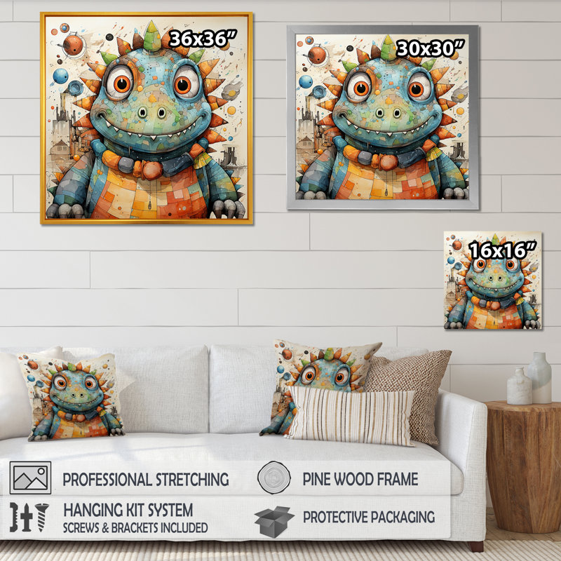 Cubist Dinosaur Nursery I - art de mur de dinosaure, Cadre flottant doré, 36" H x 36" W