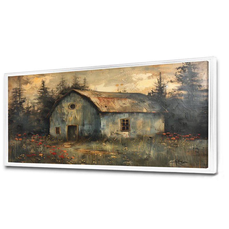 Gris, gris, hiver, chalet champêtre, Toile encadrée flottée blanche, H 28 po x l 60 po x P 1,5 po